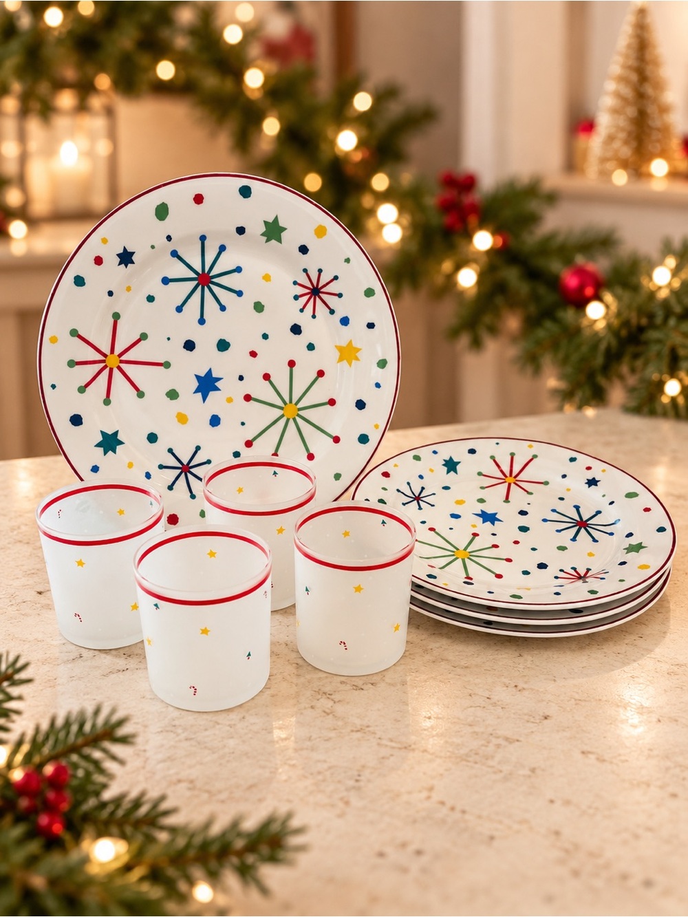 American Atelier Snow Whimsy 4 Dinner Plates & 4 Frosted Cocktail Glasses